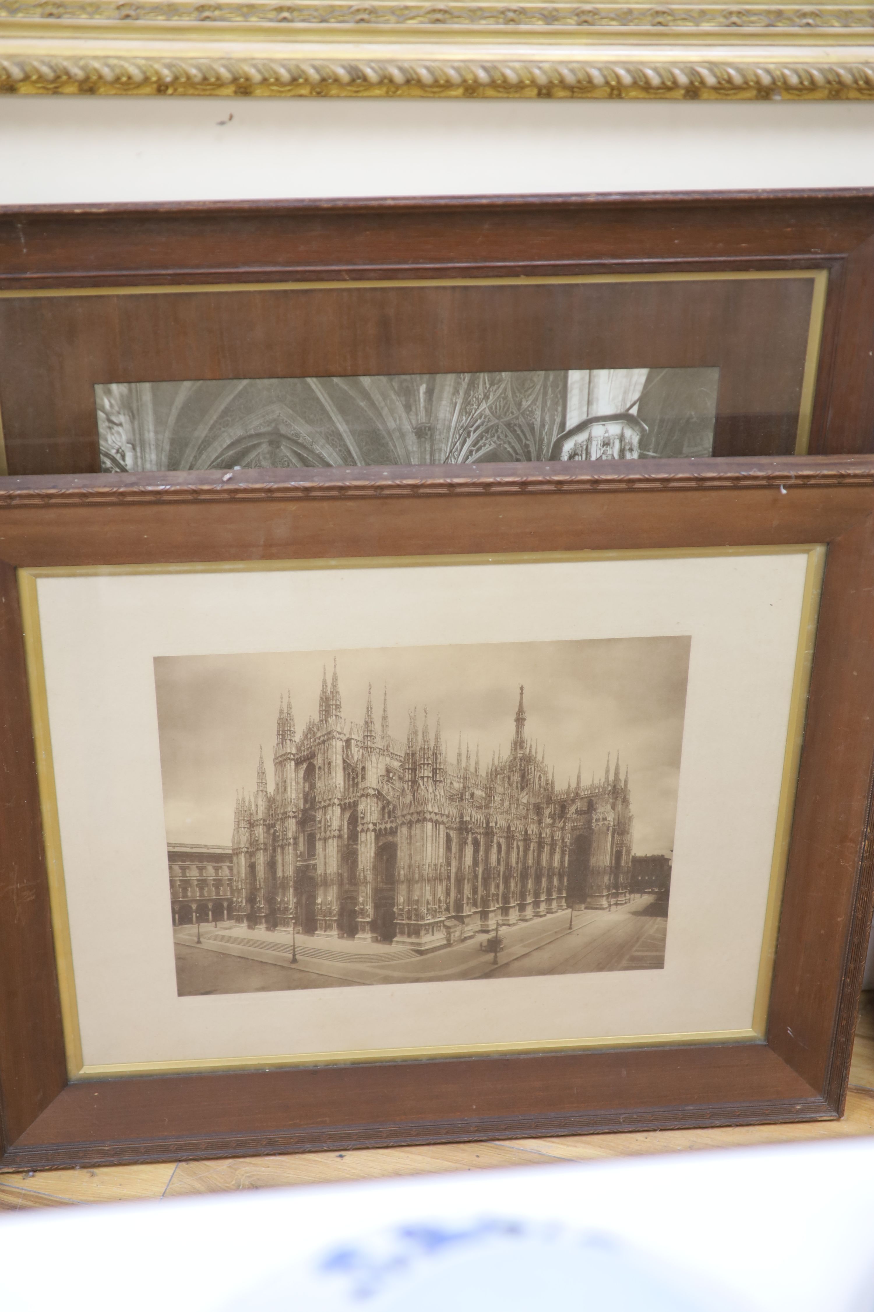 Two early 20th century black and white photographs of a cathedral and interior, 33 x 42cm and 56 x 46cm